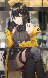 Rule 34 | 1girl, absurdres, bare shoulders, belt, black gloves, black hair, black thighhighs, blush, breasts, closed mouth, elbows on table, gar32, gas mask, girls&#039; frontline, gloves, heterochromia, highres, id card, jacket, knee pads, lanyard, large breasts, logo, long hair, long sleeves, looking at viewer, mask, mod3 (girls&#039; frontline), mouth mask, multicolored hair, off shoulder, red eyes, ro635 (girls&#039; frontline), ro635 (mod3) (girls&#039; frontline), shirt, sideboob, sitting, sleeveless, sleeveless shirt, solo, streaked hair, thigh strap, thighhighs, white hair, window, yellow eyes, yellow jacket