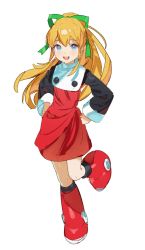 Rule 34 | 1girl, :d, blonde hair, blue eyes, boots, commentary request, dress, full body, green ribbon, hair between eyes, hair ribbon, hands on own hips, highres, koyoi mitsuki, long hair, long sleeves, looking at viewer, mega man (classic), mega man (series), open mouth, ponytail, red footwear, ribbon, roll (mega man), smile, solo, standing, standing on one leg