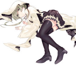 Rule 34 | 1girl, black dress, black footwear, black thighhighs, boots, breasts, brown eyes, cecilia (shiro seijo to kuro bokushi), commentary request, cross, dress, frills, full body, green hair, hat, high heel boots, high heels, jacket, jewelry, kazutake hazano, long hair, long legs, long sleeves, looking at viewer, lying, medium breasts, necklace, on side, shiro seijo to kuro bokushi, simple background, solo, thigh boots, thighhighs, white background, white jacket, wide sleeves