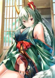 Rule 34 | 1girl, absurdres, alternate costume, blurry, blurry background, bow, breasts, cleavage, closed mouth, ex-keine, eyebrows hidden by hair, floral print, green hair, green kimono, hair between eyes, highres, horn bow, horn ornament, horns, japanese clothes, kamishirasawa keine, kimono, large breasts, long hair, looking at viewer, misakura setsu, red bow, red eyes, solo, tail, touhou
