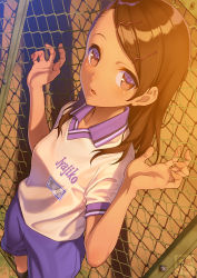 Rule 34 | 1girl, against fence, artist logo, blue shorts, brown eyes, brown hair, chain-link fence, clothes writing, collared shirt, commentary request, evening, feet out of frame, fence, fingernails, from above, gym shorts, gym uniform, hair ornament, hairclip, hands up, highres, long hair, looking at viewer, looking up, name tag, original, pairan, parted lips, shadow, shirt, short sleeves, shorts, signature, solo, standing, sunlight, swept bangs, tareme, wing collar