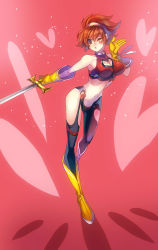 Rule 34 | 00s, 1girl, asymmetrical clothes, boots, breasts, cleavage, cleavage cutout, clothing cutout, cutie honey, cutie honey (character), gloves, hairband, heart, heart cutout, kisaragi honey, magical girl, midriff, navel, noki (affabile), re: cutie honey, red hair, short hair, solo, sword, weapon, wink