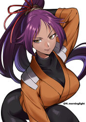Rule 34 | 1girl, absurdres, asakou (n morninglight), black bodysuit, bleach, bodysuit, bodysuit under clothes, breasts, brown eyes, closed mouth, commentary request, covered collarbone, dark-skinned female, dark skin, high ponytail, highres, large breasts, long hair, looking at viewer, orange shirt, ponytail, purple hair, shihouin yoruichi, shirt, simple background, smile, solo, twitter username, very long hair, white background