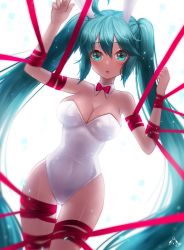 Rule 34 | 1girl, ango, animal ears, ankkoyom, aqua eyes, aqua hair, arms up, bad id, bad pixiv id, bdsm, blush, bondage, bound, bound arms, bound legs, bow, bowtie, breasts, cleavage, collar, covered navel, dutch angle, fake animal ears, hatsune miku, highres, large breasts, leotard, long hair, looking at viewer, parted lips, playboy bunny, rabbit ears, ribbon, solo, twintails, very long hair, vocaloid, wide hips