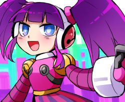 Rule 34 | 1girl, android, blue eyes, call (mighty no. 9), call d, dress, eyebrows, fingerless gloves, gloves, hairband, headphones, joints, long hair, mighty no. 9, no humans, open mouth, purple hair, robot, robot joints, shirt, solo, twintails