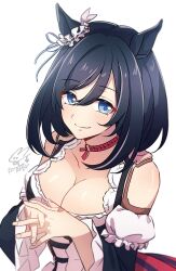 1girl animal_ears bare_shoulders black_hair blue_eyes breasts choker cleavage dirndl ear_scrunchie eishin_flash_(umamusume) german_clothes hair_between_eyes highres horse_ears horse_girl kotorimyuu large_breasts long_sleeves looking_at_viewer red_choker scrunchie short_hair signature simple_background solo umamusume white_background white_scrunchie