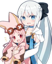 Rule 34 | 2girls, blue eyes, breasts, cleavage, fate/grand order, fate (series), habetrot (fate), hat, hood, hug, hug from behind, long hair, morgan le fay (fate), multiple girls, pink eyes, pink hair, pointy ears, ponytail, rabiiandrain, white background, white hair