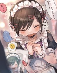 Rule 34 | 1boy, 1girl, absurdres, age difference, apologizing, apron, commentary request, crossdressing, drawing (object), emoticon, fingernails, highres, maid, maid apron, maid headdress, male focus, open mouth, original, skirt, solo focus, translation request, trap, umibatari