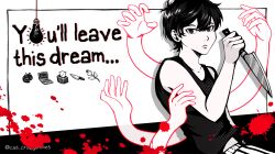 Rule 34 | 1boy, black eyes, black hair, blood, cat, colored skin, computer, crazyanime3, english text, expressionless, flower, highres, holding, holding knife, knife, laptop, looking at viewer, male focus, mewo, omori, omori (omori), parted lips, persona, short hair, soejima shigenori (style), solo, tank top, tissue, tissue box, white skin