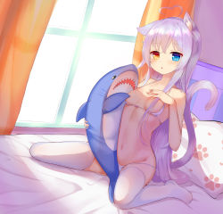 Rule 34 | 1girl, abathur (user ttsf3852), ahoge, animal ear fluff, animal ears, bed, bedroom, bra, breasts, breasts out, cat ears, cat girl, cat tail, convenient censoring, curtains, groin, hair over breasts, hand on own chest, heart, heart ahoge, heterochromia, highres, long hair, navel, original, panties, pillow, side-tie panties, silver hair, sitting, small breasts, solo, spread legs, stuffed animal, stuffed shark, stuffed toy, tail, thighhighs, thighs, underwear, untied panties, very long hair, white bra, white panties, white thighhighs, window