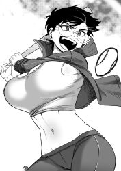 Rule 34 | 1girl, absurdres, baseball, baseball bat, black hair, breasts, freckles, glasses, highres, jane (nesz), large breasts, looking at object, midriff, nesz r, short hair, smile, solo, swinging