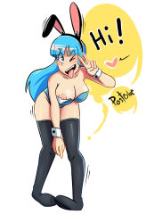 Rule 34 | 1girl, absurdres, blue eyes, blue hair, blush, breasts, bulma, dragon ball, eyebrows, heart, highres, leotard, long hair, matching hair/eyes, nipples, one eye closed, open mouth, playboy bunny, postblue98, simple background, solo, teeth, text focus, thighhighs, tongue, tongue out, white background