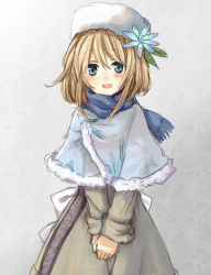Rule 34 | 1girl, aqua eyes, blonde hair, blue scarf, capelet, dress, flower, grey dress, hair flower, hair ornament, hat, long sleeves, looking at viewer, open mouth, original, scarf, short hair, smile, solo, v arms, yuya (night lily)