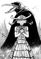 Rule 34 | 1girl, 1other, bare shoulders, commentary, detached sleeves, dress, english commentary, greyscale, hands up, hat, highres, horns, interlocked fingers, long sleeves, monochrome, monster, original, parted lips, standing, y naf