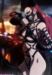 Rule 34 | 1girl, breasts, collarbone, colorized, dominatrix, earrings, highres, jewelry, kaijin hime do-s, large breasts, long hair, nail polish, one-punch man, purple eyes, red nails, revealing clothes, solo, spikes, standing, underboob, whip