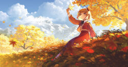 1girl absurdres aki_shizuha arm_support arm_up autumn autumn_leaves blonde_hair blue_sky blurry blurry_foreground chinese_commentary cloud cloudy_sky collared_shirt commentary day falling_leaves grass hair_ornament highres holding holding_leaf jacket jiege leaf leaf_hair_ornament long_skirt long_sleeves maple_leaf mountain mountainous_horizon open_clothes open_jacket outdoors red_eyes red_jacket red_skirt scenery shirt short_hair sitting skirt sky smile socks solo touhou tree white_shirt white_socks