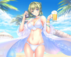 Rule 34 | 10s, 1girl, alcohol, bad id, bad pixiv id, bangle, beer, beer can, beer mug, bikini, bikini under clothes, blue eyes, bracelet, breasts, brown hair, can, choker, cleavage, cowboy shot, cup, day, dress, drink can, drinking glass, green eyes, green hair, groin, hands up, head tilt, heterochromia, holding, holding can, holding cup, holding drinking glass, idolmaster, idolmaster cinderella girls, jewelry, large breasts, looking at viewer, mole, mole under eye, mug, navel, necklace, off shoulder, open clothes, open dress, outdoors, palm tree, parted lips, ponytail korosuke, revision, short hair, short ponytail, smile, solo, swimsuit, takagaki kaede, tree, umbrella, white bikini, white choker, white dress