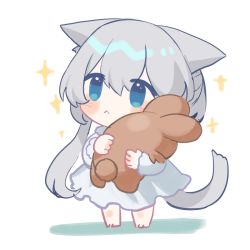 Rule 34 | 1girl, :&lt;, animal ears, arknights, bare shoulders, blue eyes, blush stickers, cat ears, cat girl, cat tail, chibi, closed mouth, commentary request, dress, full body, grey hair, hair between eyes, holding, holding stuffed toy, long hair, long sleeves, nicole (lion), rosmontis (arknights), solo, sparkle, stuffed animal, stuffed rabbit, stuffed toy, tail, very long hair, white background, white dress