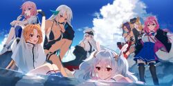 6+girls amazuki_jou arm_on_knee azur_lane bikini black_gloves black_thighhighs blonde_hair blue_sky breasts brown_hair choker closed_mouth cowboy_hat dark_skin enterprise_(azur_lane) floating_hair food food_in_mouth gloves green_eyes group_picture hair_ribbon hand_on_own_cheek hand_on_own_face hat highres holding holding_food holding_popsicle hornet_(azur_lane) in_water jacket laffey_(azur_lane) legs looking_at_viewer massachusetts_(azur_lane) mccall_(azur_lane) memphis_(azur_lane) multiple_girls necktie northampton_(azur_lane) open_mouth pink_hair popsicle popsicle_in_mouth purple_eyes red_eyes ribbon sitting skirt sky sleeveless smile socks standing stretching swimsuit thigh_strap thighhighs thighs twintails water white_hair