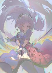Rule 34 | 1girl, absurdres, arknights, blue eyes, commentary request, cowboy shot, floating hair, grey hair, grey jacket, head wings, highres, holding, holding sword, holding weapon, irene (arknights), jacket, long hair, long sleeves, looking at viewer, pale color, parted lips, pink skirt, rapier, scar, scar across eye, skirt, solo, sword, weapon, wings, yaungpeng