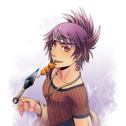 Rule 34 | 1girl, female focus, fishnets, food, headband, jewelry, kunai, looking at viewer, mitarashi anko, naruto, naruto (series), necklace, open mouth, ponytail, purple hair, smile, solo, spiked hair, upper body, weapon