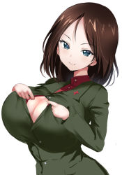 Rule 34 | 10s, 1girl, black hair, blue eyes, breasts, cleavage, closed mouth, commentary request, emblem, girls und panzer, green jacket, huge breasts, impossible clothes, jacket, light smile, long hair, long sleeves, looking at viewer, nonna (girls und panzer), open clothes, open shirt, ponytail korosuke, pravda school uniform, red shirt, school uniform, shirt, simple background, solo, standing, swept bangs, turtleneck, upper body, white background
