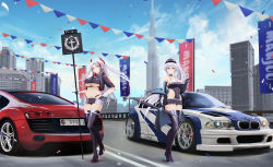 Rule 34 | 2girls, absurdres, arm up, audi, azur lane, bare shoulders, black footwear, black gloves, black headwear, black jacket, black tank top, blue sky, bmw, bmw 3 series, bmw e46, bmw m3, boots, breasts, building, car, cleavage, clothes pull, collarbone, confetti, crop top, enterprise (azur lane), enterprise (wind catcher) (azur lane), eyewear on head, fingerless gloves, flag, full body, gloves, hair ornament, hairclip, hand on own hip, headset, high heel boots, high heels, highres, holding, holding flag, holding umbrella, jacket, jacket pull, kcar66t, large breasts, long hair, looking at viewer, motor vehicle, multicolored hair, multiple girls, navel, need for speed, need for speed: carbon, need for speed: most wanted (2005), official alternate costume, open mouth, orange eyes, parted lips, ponytail, prinz eugen (azur lane), prinz eugen (final lap) (azur lane), purple eyes, race queen, short sleeves, sky, smile, standing, standing on one leg, streaked hair, sunglasses, tank top, thigh boots, umbrella, underboob, v, vehicle focus, white hair