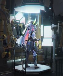 Rule 34 | 1girl, :&lt;, ass, black gloves, blue hair, breasts, closed mouth, commentary request, elbow gloves, from behind, gloves, hair between eyes, highres, horns, indoors, ladder, leotard, looking at viewer, looking back, mecha musume, medium breasts, monitor, multicolored hair, natori youkai, original, pink hair, purple eyes, solo, standing, two-tone hair, white leotard