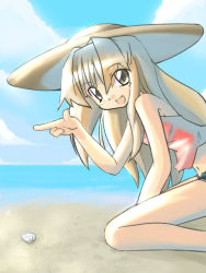 Rule 34 | 00s, 1girl, :d, bare legs, bare shoulders, beach, beret, blonde hair, blush, camisole, day, hat, kneeling, looking at viewer, neki-t, open mouth, outdoors, pointing, sand, seto no hanayome, seto sun, shore, shorts, smile, solo, straw hat, water