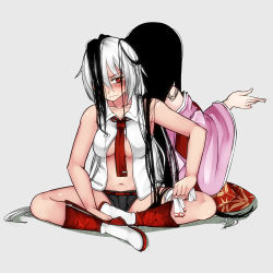 Rule 34 | 2girls, alternate costume, aoshima, back-to-back, bare arms, bare shoulders, between breasts, black hair, blush, boots, breasts, collarbone, commentary request, fujiwara no mokou, hair over face, hair over one eye, highres, houraisan kaguya, indian style, lips, long hair, long sleeves, medium breasts, midriff, multiple girls, navel, necktie, necktie between breasts, no bra, off shoulder, open clothes, open shirt, red eyes, revealing clothes, shirt, short shorts, shorts, silver hair, sitting, skirt, sleeveless, sleeveless shirt, touhou, underboob, very long hair, wide sleeves