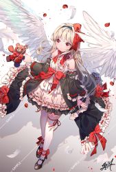 Rule 34 | 1girl, bare shoulders, black hairband, black sleeves, blonde hair, blush, bow, closed mouth, detached sleeves, dress, feathered wings, feathers, frilled dress, frills, hair bow, hairband, holding, holding stuffed toy, juliet sleeves, kuri choko, long hair, long sleeves, original, petals, puffy sleeves, red bow, red eyes, red ribbon, ribbon, ribbon-trimmed dress, sample watermark, shadow, signature, solo, standing, strapless, strapless dress, stuffed animal, stuffed toy, teddy bear, thighhighs, very long hair, watermark, white dress, white feathers, white thighhighs, white wings, wide sleeves, wings