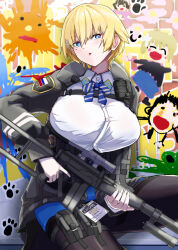 Rule 34 | 1girl, black hoodie, blonde hair, blue eyes, blue pants, breasts, girls&#039; frontline, gun, hair ornament, high heels, highres, holding, holding gun, holding weapon, hood, hoodie, id card, kneeling, large breasts, mole, mole under eye, multicolored background, neck ribbon, pants, pantyhose, pouch, ribbon, rifle, russian flag, russian text, scope, shirt, sniper rifle, suppressor, thigh pouch, tongue, tongue out, vsk-94, vsk-94 (girls&#039; frontline), walkie-talkie, weapon, white shirt