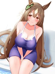 Rule 34 | 1girl, absurdres, animal ears, blue one-piece swimsuit, bow, breasts, brown hair, cleavage, closed mouth, collarbone, ear ribbon, green ribbon, highres, horse ears, horse girl, horse tail, large breasts, long hair, looking at viewer, one-piece swimsuit, raindrop746079, red eyes, ribbon, satono diamond (umamusume), smile, solo, swimsuit, tail, thighs, umamusume, white background