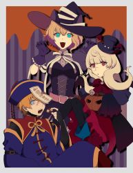 Rule 34 | 1boy, 2girls, black dress, black gloves, black headwear, black pantyhose, black shirt, blue eyes, blue headwear, blue jacket, breasts, capelet, chocolate, claw pose, colored inner hair, dress, ex albio, fangs, food, gloves, grey capelet, hachi (8yade vvv), hair behind ear, halloween bucket, hat, highres, holding, holding chocolate, holding food, iris black games, jacket, jiangshi costume, kurumi noah, medium breasts, mini hat, monocle, multicolored hair, multiple girls, nijisanji, nijisanji en, ofuda, pantyhose, pink skirt, pointy ears, purple hair, qingdai guanmao, red eyes, reimu endou, shirt, short hair, sitting, skirt, sleeves past fingers, sleeves past wrists, stitched face, stitches, top hat, virtual youtuber, vspo!, witch hat