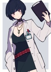 Rule 34 | 1girl, belt, black choker, black dress, black hair, blunt bangs, blush, bob cut, border, breasts, brown eyes, buttons, choker, cleavage, clipboard, closed mouth, coat, collarbone, commentary request, do m kaeru, dress, expressionless, fingernails, grey background, hand in pocket, holding, holding clipboard, jewelry, lab coat, long sleeves, looking at viewer, medium breasts, necklace, open clothes, open coat, outside border, persona, persona 5, pocket, red belt, red nails, short hair, simple background, solo, studded choker, takemi tae, white border, white coat