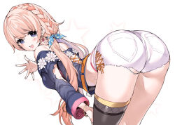 Rule 34 | .live, 1girl, ass, bent over, blue eyes, blush, earrings, jacket, jewelry, long hair, looking at viewer, low twintails, mutsutake, nanahoshi milily, open mouth, ring, shorts, single thighhigh, solo, thighhighs, twintails, virtual youtuber, white background