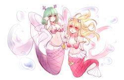 Rule 34 | 2girls, alternate form, bare arms, bare shoulders, blonde hair, blush, bra, bracelet, brandish mew, breasts, brown eyes, cleavage, closed mouth, collarbone, fairy tail, fins, fish tail, full body, green eyes, green hair, groin, hair tie, hand tattoo, hand up, highres, jewelry, large breasts, long hair, looking down, lucy heartfilia, matching hair/eyes, mermaid, mermaid tail, mermaid transformation, monster girl, multiple girls, navel, necklace, pearl bracelet, pearl necklace, short hair, sky, star (sky), star (symbol), starry sky, surprised, tail, tattoo, transformation, twintails, underboob, underwear