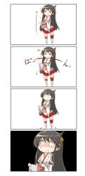 Rule 34 | &gt; &lt;, 10s, 1girl, 4koma, absurdres, bad id, bad twitter id, black hair, calbee (potato chips), chibi, closed eyes, comic, commentary request, copyright request, detached sleeves, fusou (kancolle), hair ornament, highres, japanese clothes, kantai collection, long hair, miniskirt, nanakusa suzuna, nontraditional miko, red skirt, skirt, translation request, trembling