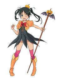Rule 34 | 1girl, bat wings, blush, boots, bow, bowtie, francesca lucchini, full body, green eyes, green hair, halloween, halloween costume, hat, jack-o&#039;-lantern, knee boots, medium hair, monousa, one eye closed, open mouth, orange footwear, panties, pink thighhighs, pumpkin hat, red bow, red bowtie, simple background, smile, solo, staff, standing, strike witches, striped clothes, striped panties, thighhighs, tongue, twintails, underwear, white background, wings, world witches series