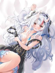 Rule 34 | 1girl, absurdres, arm up, bare shoulders, blush, breasts, clothes down, collarbone, frilled hairband, frilled shirt, frills, grey hair, hairband, high-waist skirt, highres, hololive, horns, large breasts, lolita fashion, lolita hairband, long hair, long sleeves, looking at viewer, lying, multicolored hair, nakiri ayame, nakiri ayame (girly), nekoya minamo, no bra, off shoulder, on back, on bed, oni, open clothes, open shirt, parted lips, red eyes, shirt, skin-covered horns, skirt, smile, solo, streaked hair, suspender skirt, suspenders, suspenders hanging, sweet lolita, virtual youtuber, white hair, white shirt