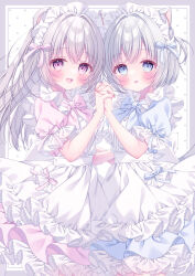 Rule 34 | 2girls, :d, :p, animal ears, bear ears, blue bow, blue bowtie, blue eyes, blue lacy, bow, bowtie, cat ears, dress, grey hair, hair between eyes, hair over shoulder, hair tie, highres, interlocked fingers, long hair, maid, maid headdress, makeup, multiple girls, open mouth, original, pink bow, pink bowtie, pink eyes, puu (kari---ume), rouge (makeup), short hair, smile, standing, tongue, tongue out, very long hair, very short hair, white background, white hair