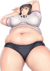 Rule 34 | 1girl, belly, black hair, blouse, blush, breasts, brown eyes, character request, commentary request, copyright request, fat, highres, itou yukino, large breasts, navel, orizen, plump, shirt, simple background, solo, thighs, white background, white shirt