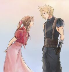 Rule 34 | 1boy, 1girl, aerith gainsborough, armor, arms behind back, baggy pants, bandaged arm, bandages, bangle, belt, black gloves, blonde hair, blue eyes, blue pants, blue shirt, blush, bracelet, braid, braided ponytail, brown belt, brown hair, cloud strife, cowboy shot, cropped jacket, dress, final fantasy, final fantasy vii, final fantasy vii remake, gloves, gradient background, hair ribbon, highres, jacket, jewelry, leaning forward, long dress, long hair, looking at another, multiple belts, pants, papermint tea, parted bangs, pink dress, pink ribbon, profile, puffy short sleeves, puffy sleeves, red jacket, ribbon, shirt, short hair, short sleeves, shoulder armor, sidelocks, single braid, sleeveless, sleeveless turtleneck, smile, spiked hair, suspenders, turtleneck, wavy hair