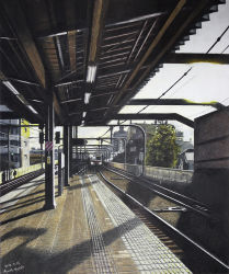 Rule 34 | 2012, artist name, city, colored pencil (medium), dated, day, fluorescent lamp, morning, no humans, original, railroad tracks, real world location, realistic, ryota884, scenery, shade, signature, sun, sunlight, tactile paving, traditional media, train, train station, tree