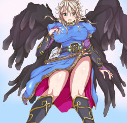 Rule 34 | 1girl, black wings, blonde hair, blush, boots, breasts, breath of fire, breath of fire ii, bridal gauntlets, capcom, dress, from below, green eyes, knee boots, large breasts, legs, nina (breath of fire ii), open mouth, ponzu yuki, simple background, thighs, wings
