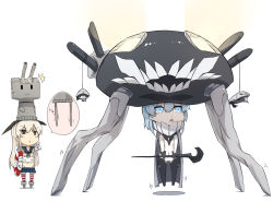 Rule 34 | 2girls, abyssal ship, black bow, black neckerchief, blonde hair, blue eyes, blue hair, blue skirt, blush stickers, bodysuit, bow, brown eyes, buttons, double-breasted, genyaky, hair bow, hat, high heels, highleg, highleg panties, holding, innertube, jitome, kantai collection, long hair, midriff, multiple girls, navel, neckerchief, panties, parted lips, pleated skirt, pointing, rensouhou-chan, shimakaze (kancolle), shirt, short hair, simple background, skirt, striped clothes, striped legwear, striped thighhighs, swim ring, thighhighs, underwear, white background, wo-class aircraft carrier