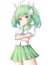 Rule 34 | 1girl, absurdres, ahoge, blush, bow, breasts, closed mouth, commentary request, cowboy shot, crossed arms, feng ling (fenglingwulukong), frilled shirt collar, frills, frown, green dam, green hair, green skirt, hair bow, highres, looking at viewer, medium bangs, medium hair, orange eyes, original, personification, puffy short sleeves, puffy sleeves, shield hair ornament, shirt, short sleeves, simple background, skirt, small breasts, solo, twintails, v-shaped eyebrows, white background, white bow, white shirt