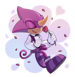 Rule 34 | 1boy, angiethecat, chameleon, closed eyes, collared shirt, espio the chameleon, flower, furry, furry male, gloves, highres, horns, long sleeves, open mouth, petals, purple footwear, red flower, red rose, rose, shirt, single horn, smelling flower, smile, sonic (series), the murder of sonic the hedgehog, white gloves, white shirt