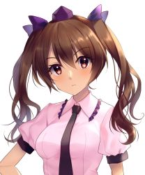 Rule 34 | 1girl, blouse, breasts, brown eyes, brown hair, closed mouth, collared shirt, hair between eyes, hand on own hip, hat, highres, himekaidou hatate, kaede (mmkeyy), medium breasts, pink shirt, purple hat, shirt, simple background, touhou, twintails, upper body, white background