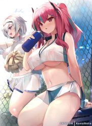 Rule 34 | 2girls, :d, anchor necklace, azur lane, bare shoulders, black hairband, blue sky, bottle, breasts, bremerton (azur lane), bremerton (scorching-hot training) (azur lane), chain-link fence, cheerleader, cleavage, covered erect nipples, crop top, crop top overhang, day, fence, hair between eyes, hair ornament, hairband, headgear, heart, heart necklace, holding, holding bottle, holding pom poms, jewelry, large breasts, long hair, midriff, miniskirt, mole, mole under eye, mujinbensin, mujinbi, multicolored hair, multiple girls, navel, necklace, open mouth, pom pom (cheerleading), pom poms, purple eyes, red eyes, red hair, reno (azur lane), reno (biggest little cheerleader) (azur lane), see-through, see-through skirt, shirt, silver hair, sitting, skirt, sky, sleeveless, sleeveless shirt, smile, sportswear, standing, stomach, streaked hair, sweat, tennis uniform, thighs, twintails, two-tone shirt, two-tone skirt, two side up, underboob, water bottle, white skirt, wristband, x hair ornament
